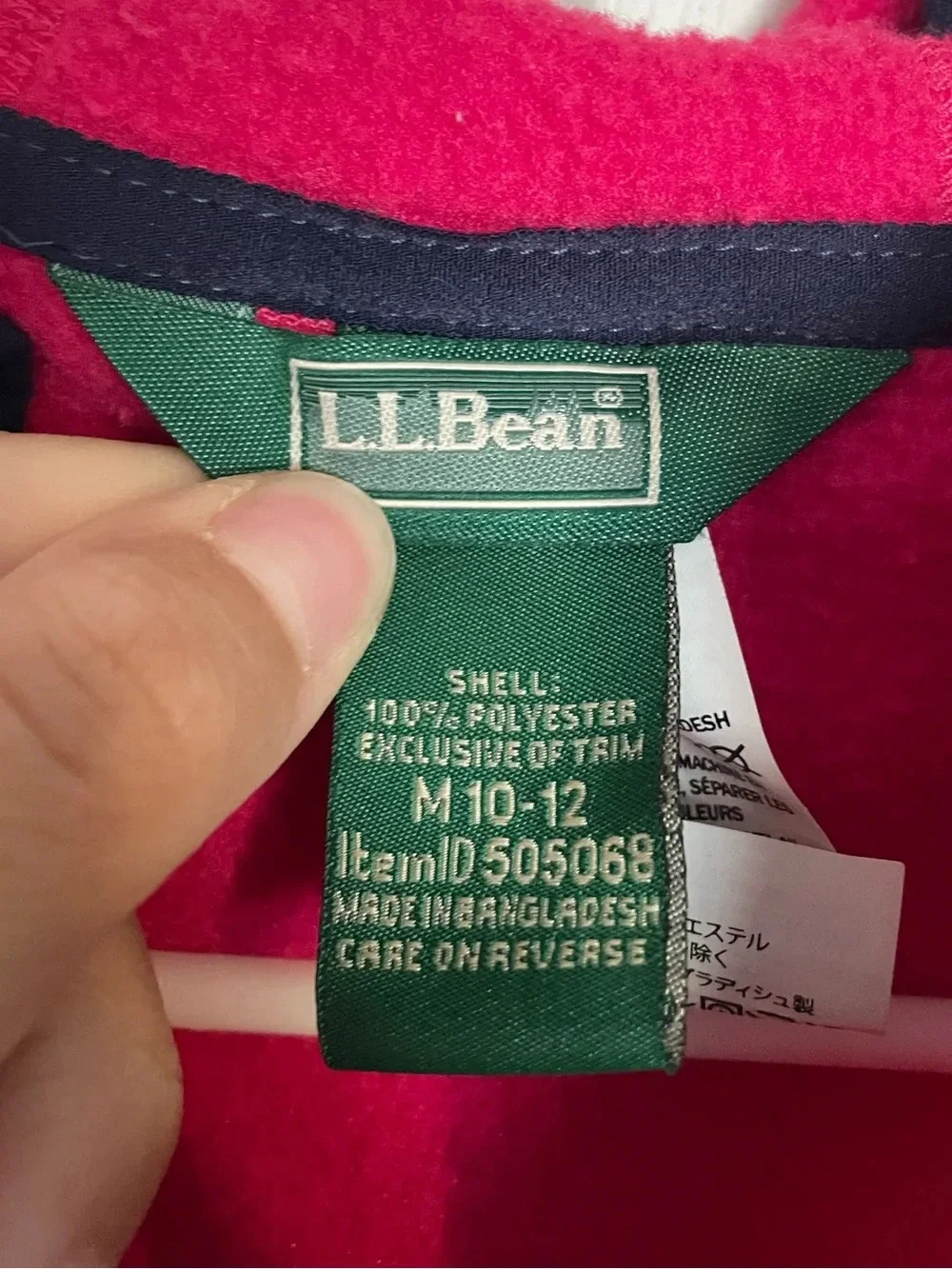 L.L. Bean Girls size Medium 10-12 Bright Pink Fleece Hoodie with Navy Trim